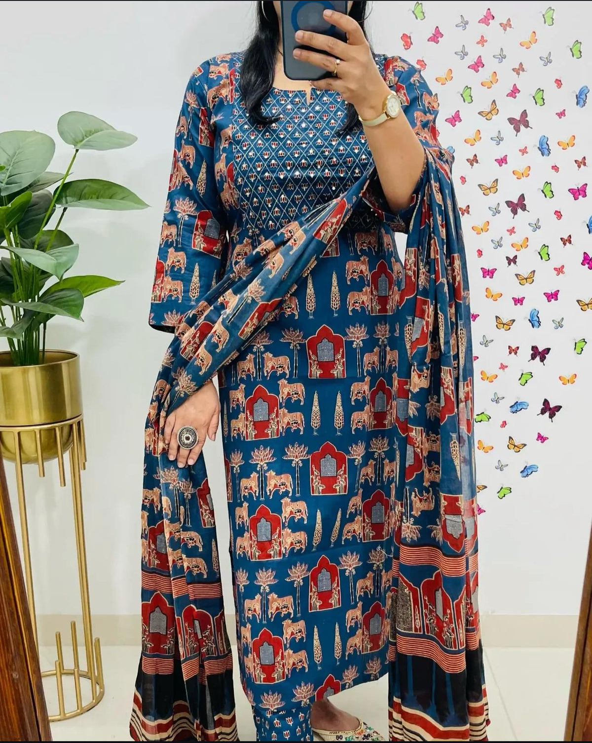 Women Blue Premium Rayon Egyptian Landscapes Kurta Pant and Dupatta set