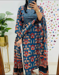 Women Blue Premium Rayon Egyptian Landscapes Kurta Pant and Dupatta set