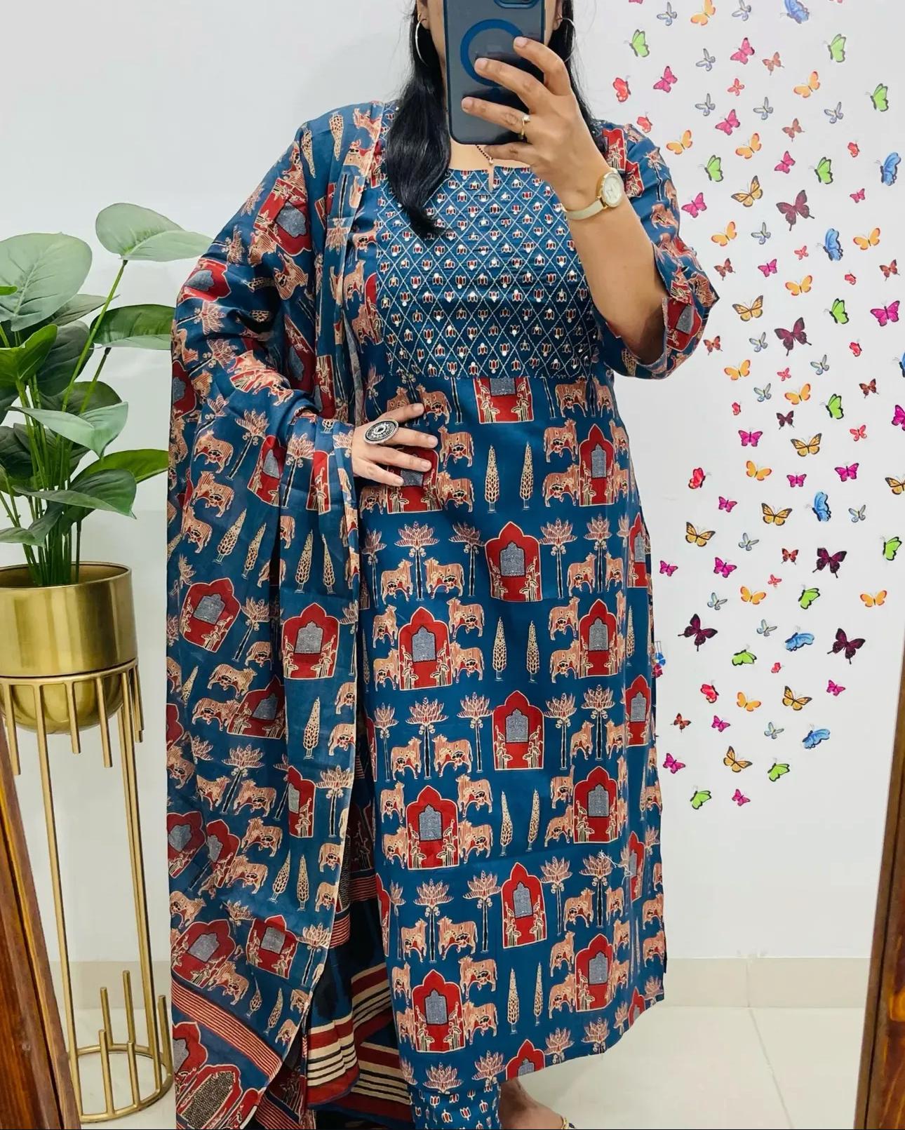 Women Blue Premium Rayon Egyptian Landscapes Kurta Pant and Dupatta set