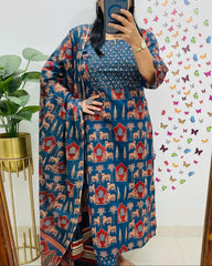 Women Blue Premium Rayon Egyptian Landscapes Kurta Pant and Dupatta set