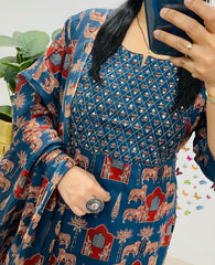 Women Blue Premium Rayon Egyptian Landscapes Kurta Pant and Dupatta set
