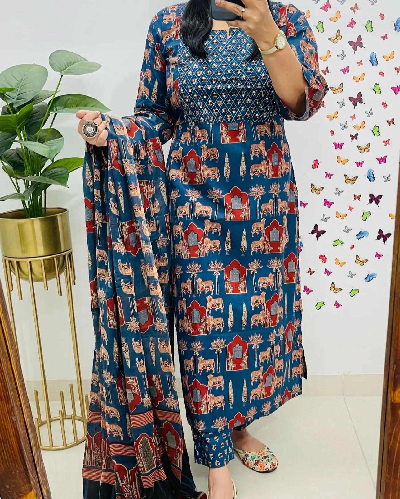 Women Blue Premium Rayon Egyptian Landscapes Kurta Pant and Dupatta set