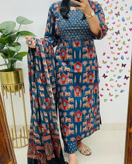 Women Blue Premium Rayon Egyptian Landscapes Kurta Pant and Dupatta set