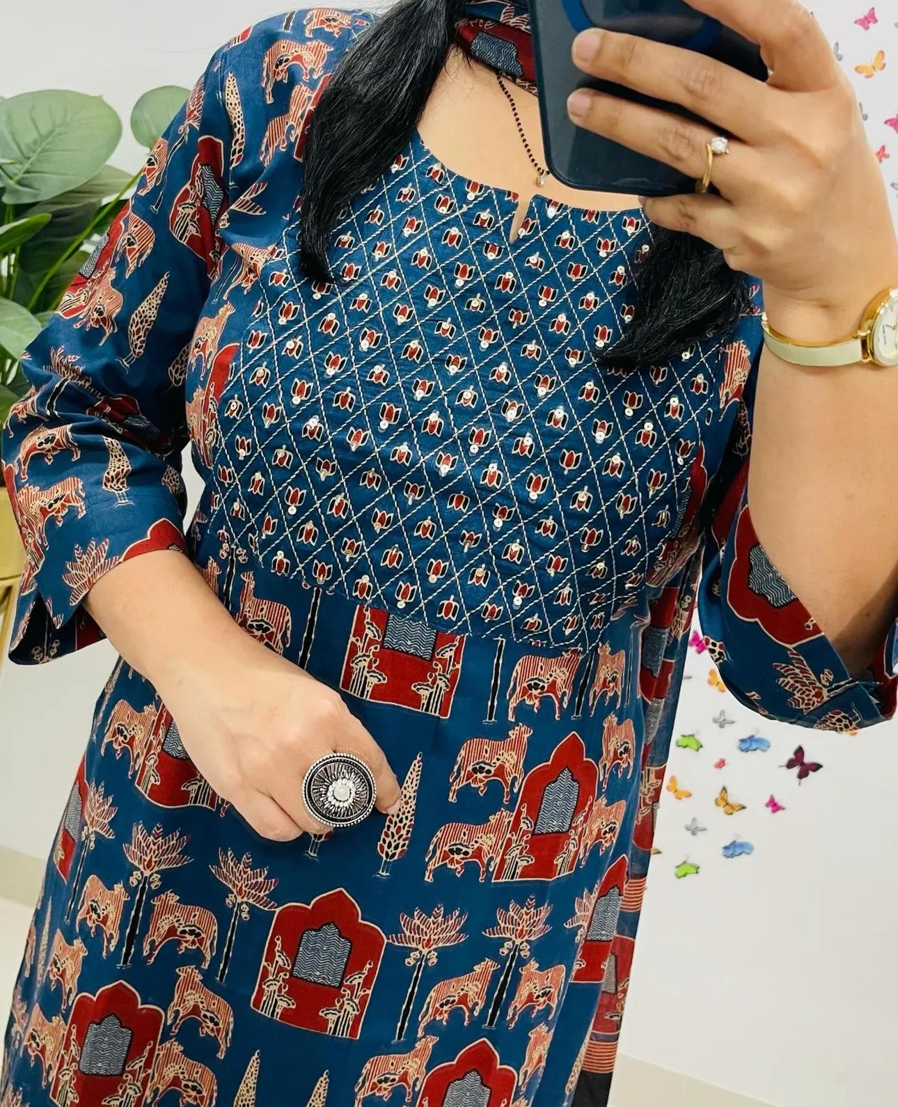Women Blue Premium Rayon Egyptian Landscapes Kurta Pant and Dupatta set