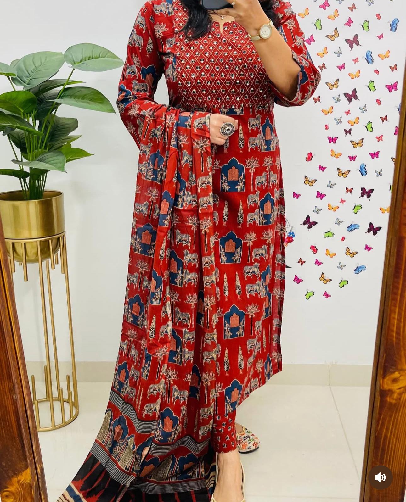 Women Red Premium Rayon Egyptian Landscapes Kurta Pant and Dupatta set