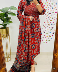 Women Red Premium Rayon Egyptian Landscapes Kurta Pant and Dupatta set
