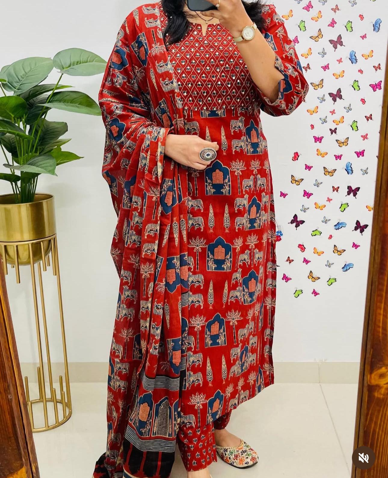 Women Red Premium Rayon Egyptian Landscapes Kurta Pant and Dupatta set