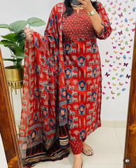 Women Red Premium Rayon Egyptian Landscapes Kurta Pant and Dupatta set