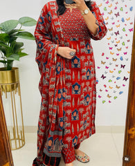 Women Red Premium Rayon Egyptian Landscapes Kurta Pant and Dupatta set