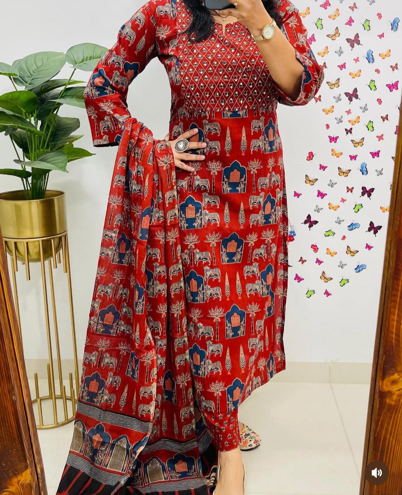 Women Red Premium Rayon Egyptian Landscapes Kurta Pant and Dupatta set