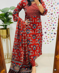 Women Red Premium Rayon Egyptian Landscapes Kurta Pant and Dupatta set