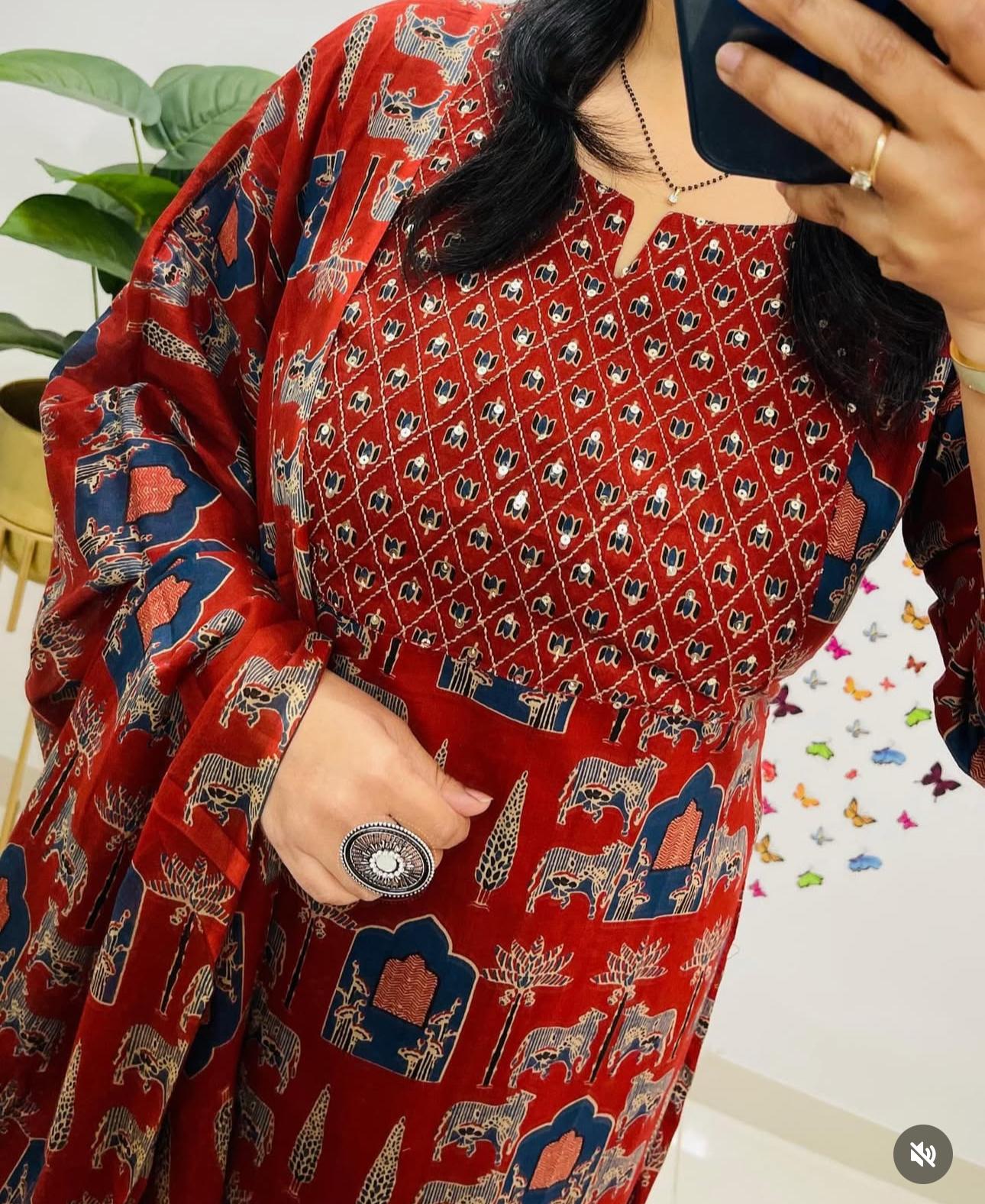 Women Red Premium Rayon Egyptian Landscapes Kurta Pant and Dupatta set