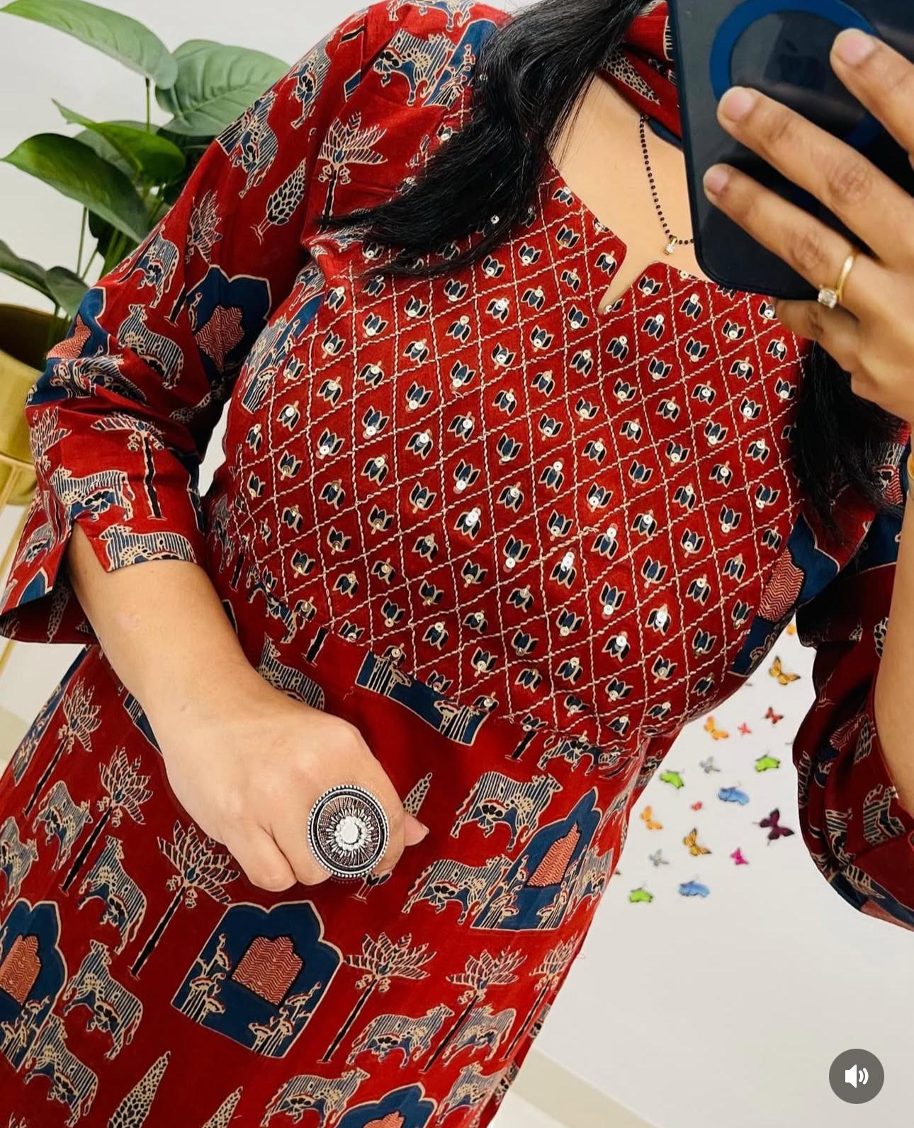 Women Red Premium Rayon Egyptian Landscapes Kurta Pant and Dupatta set