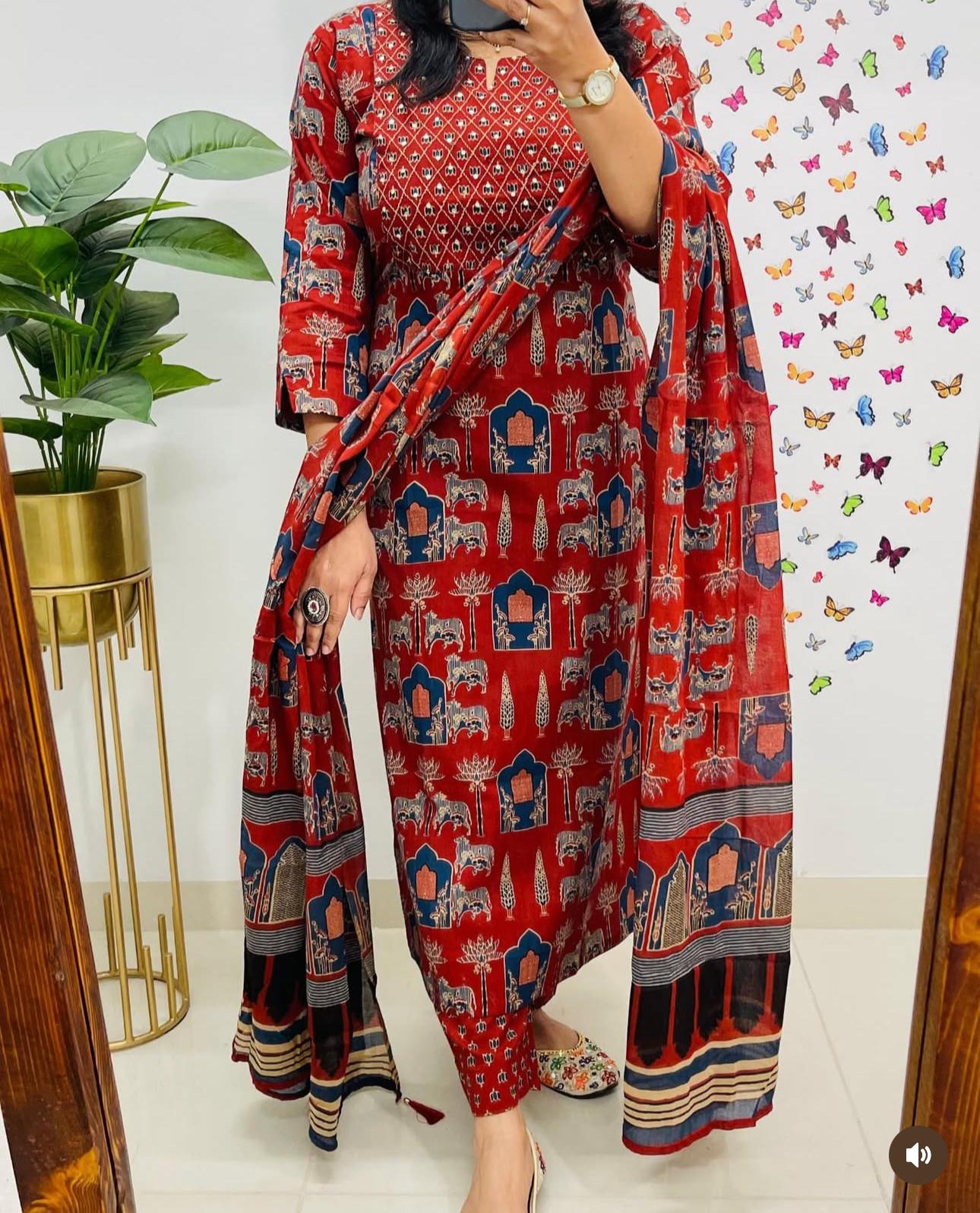 Women Red Premium Rayon Egyptian Landscapes Kurta Pant and Dupatta set