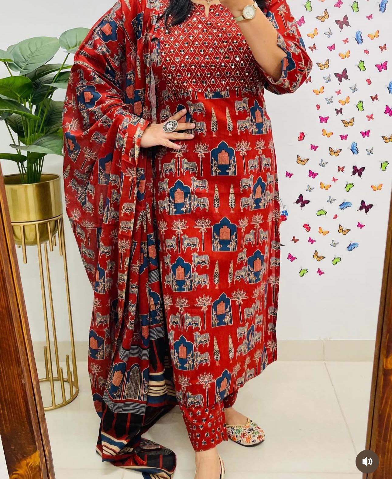 Women Red Premium Rayon Egyptian Landscapes Kurta Pant and Dupatta set