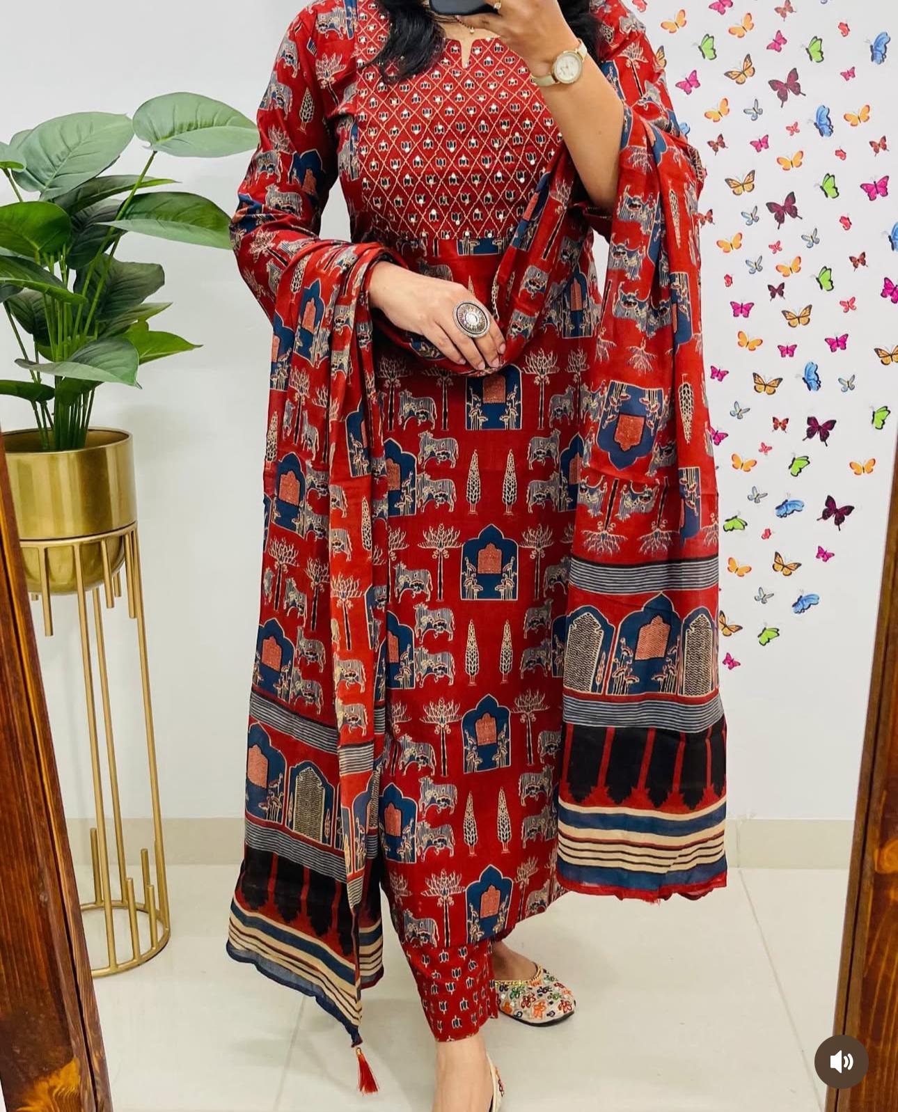 Women Red Premium Rayon Egyptian Landscapes Kurta Pant and Dupatta set