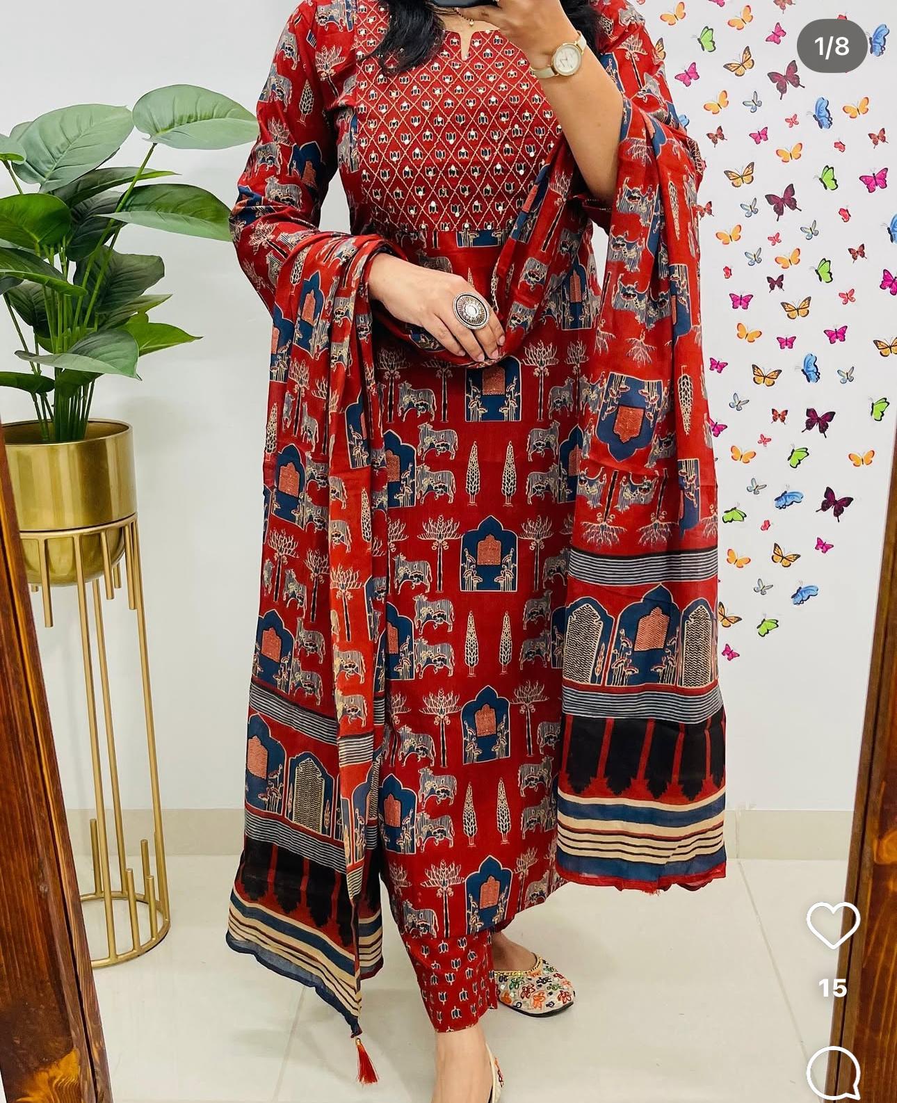 Women Red Premium Rayon Egyptian Landscapes Kurta Pant and Dupatta set