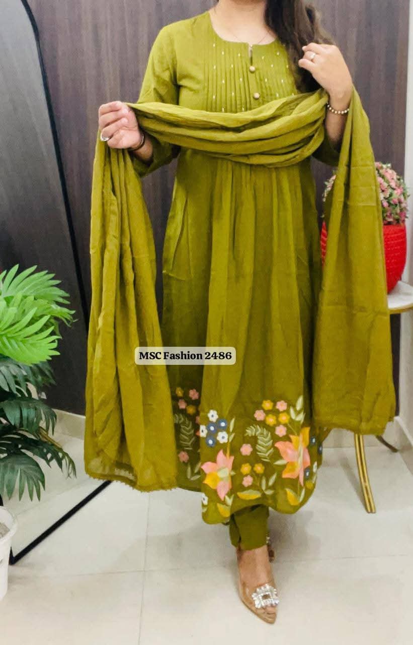 Women Green Cotton Embroidery Buttons Kurta Pant and Dupatta set