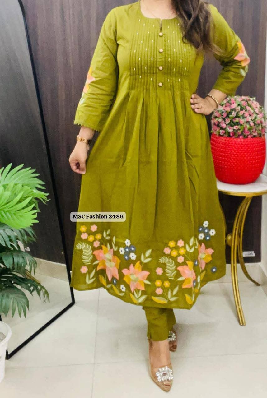 Women Green Cotton Embroidery Buttons Kurta Pant and Dupatta set