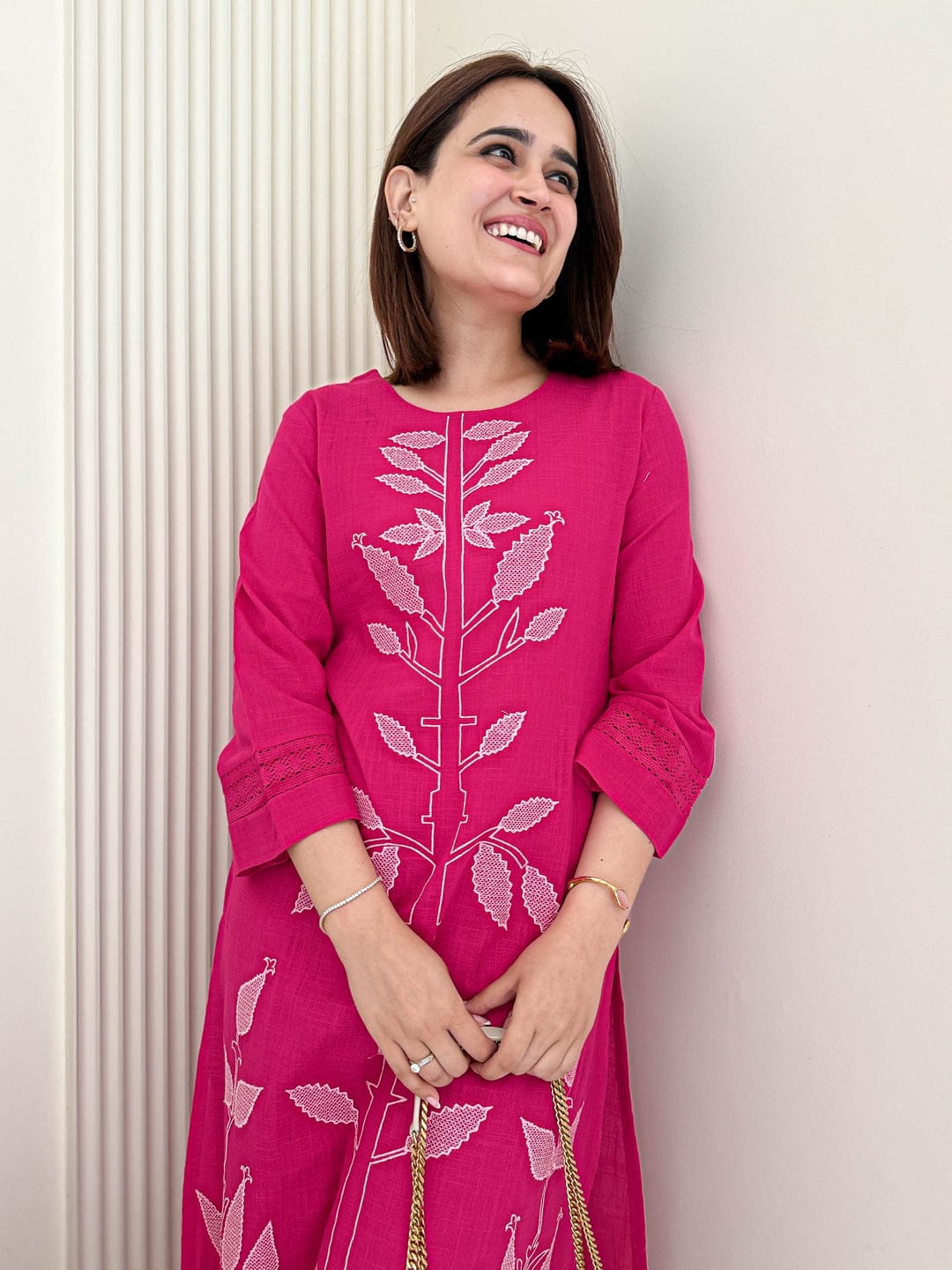 Women Pink Cotton Embroidery Kurta Pant set