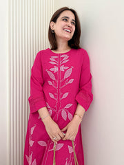 Women Pink Cotton Embroidery Kurta Pant set