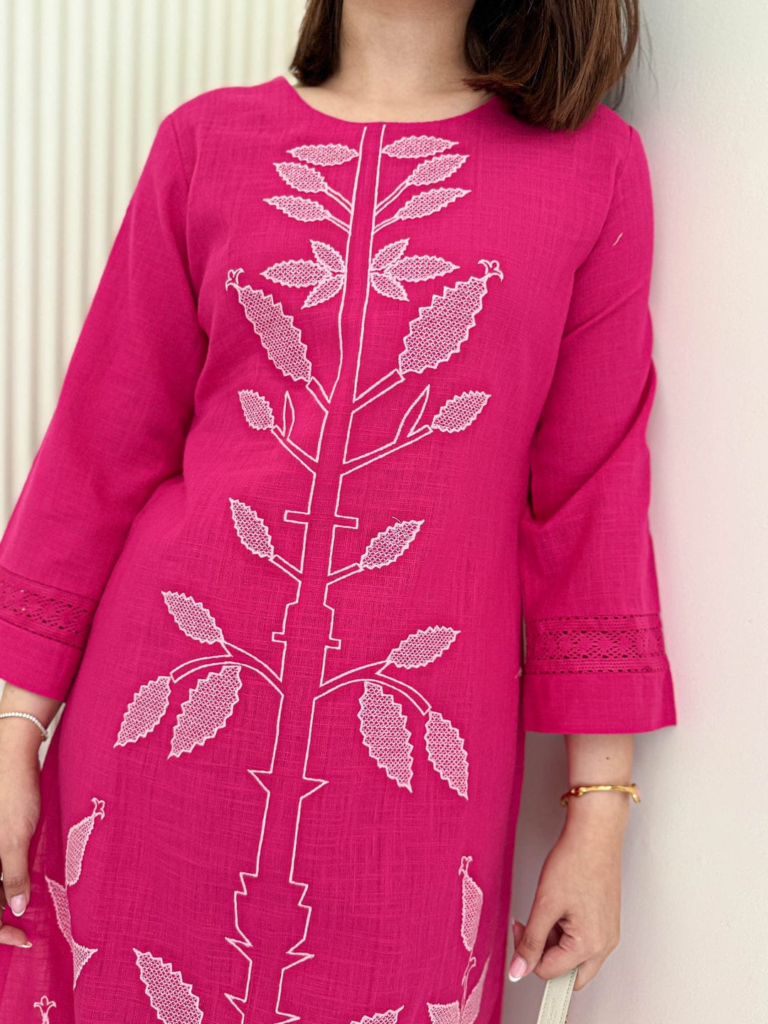 Women Pink Cotton Embroidery Kurta Pant set