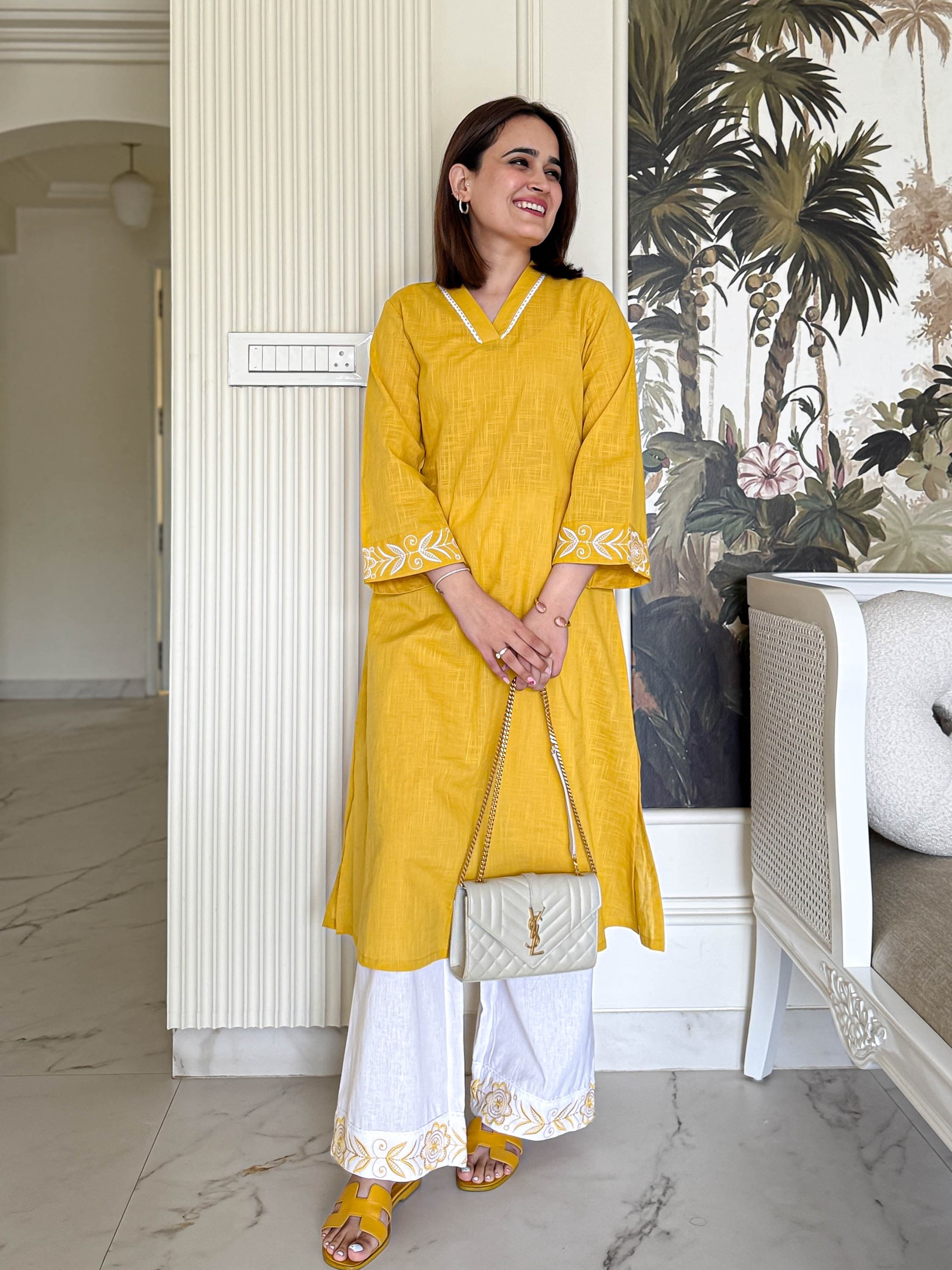 Women Yellow Cotton Embroidery Kurta Pant set
