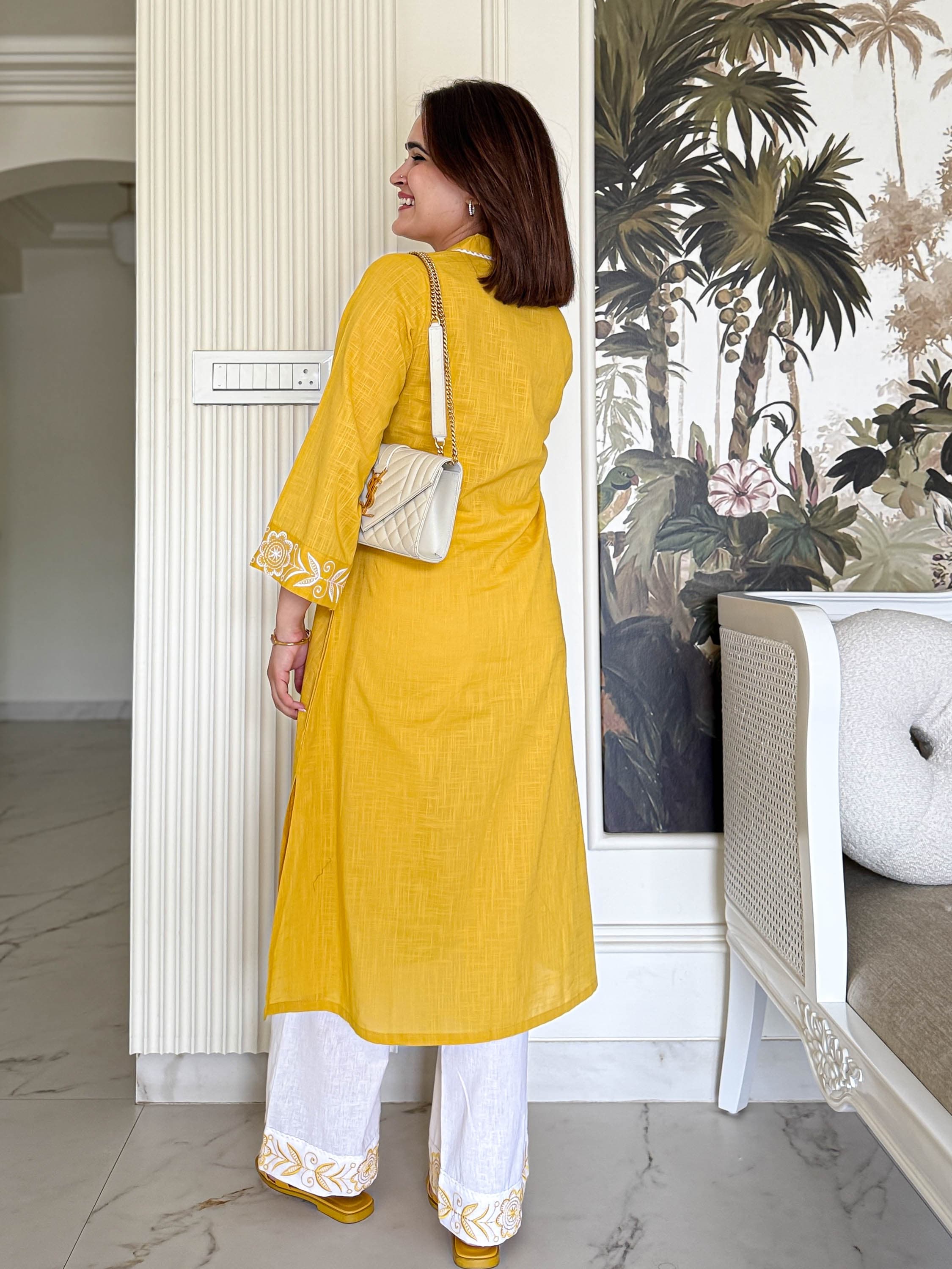 Women Yellow Cotton Embroidery Kurta Pant set