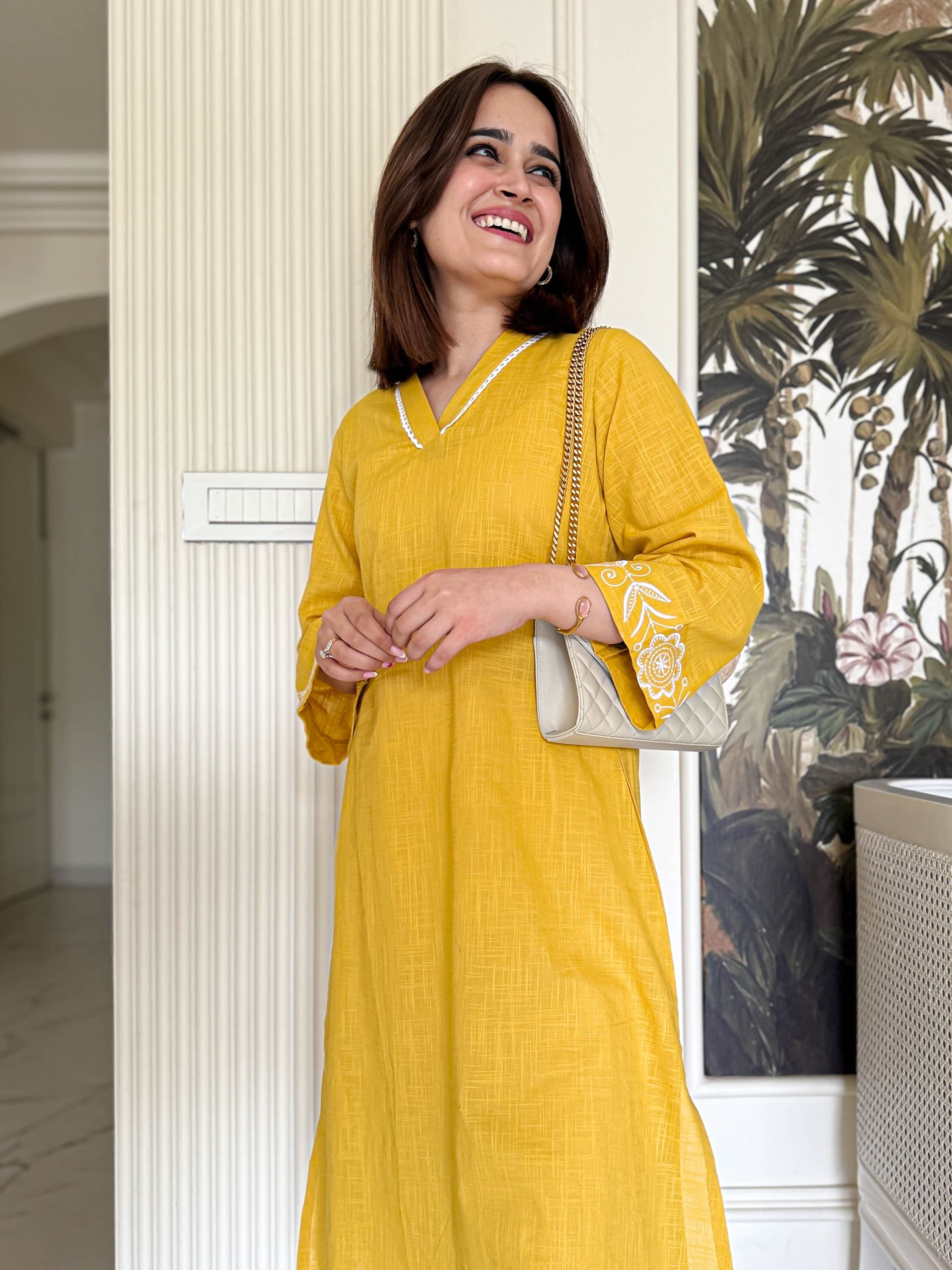 Women Yellow Cotton Embroidery Kurta Pant set