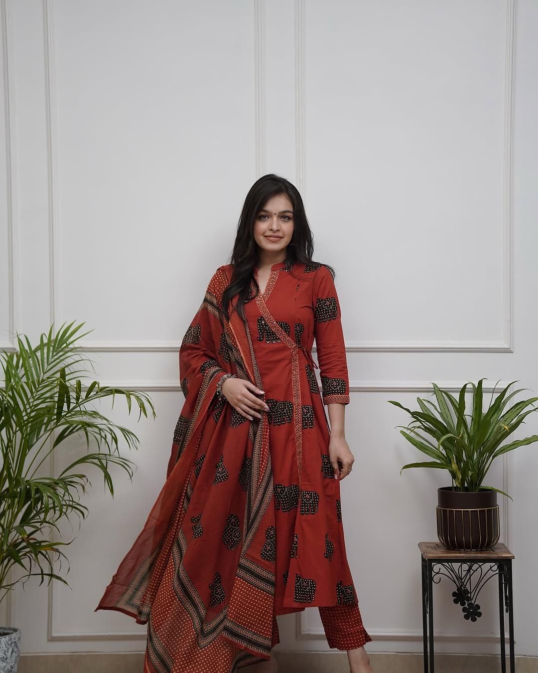 Women Red Cotton Elephant Motif Kurta Pant and Dupatta set
