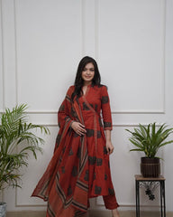 Women Red Cotton Elephant Motif Kurta Pant and Dupatta set