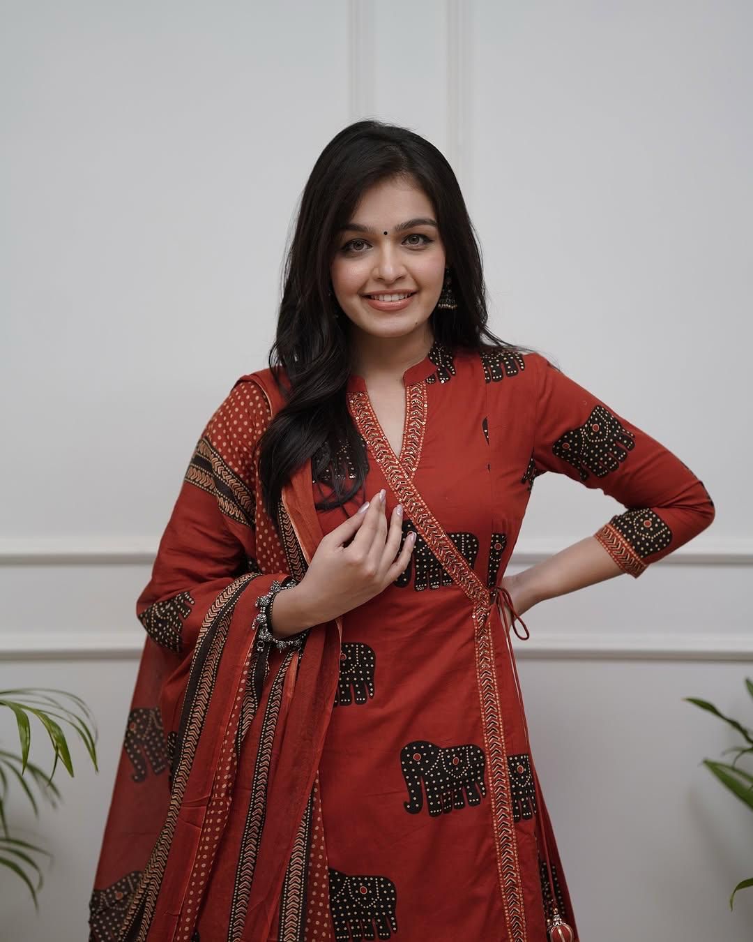 Women Red Cotton Elephant Motif Kurta Pant and Dupatta set