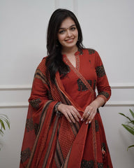 Women Red Cotton Elephant Motif Kurta Pant and Dupatta set