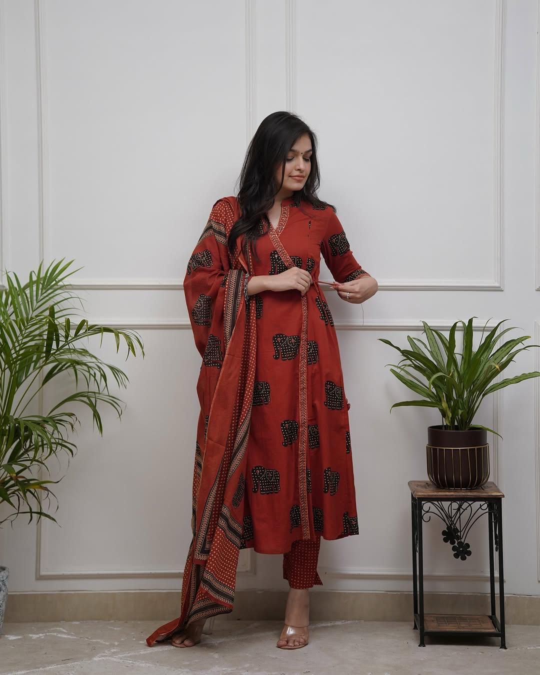 Women Red Cotton Elephant Motif Kurta Pant and Dupatta set