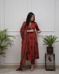 Women Red Cotton Elephant Motif Kurta Pant and Dupatta set