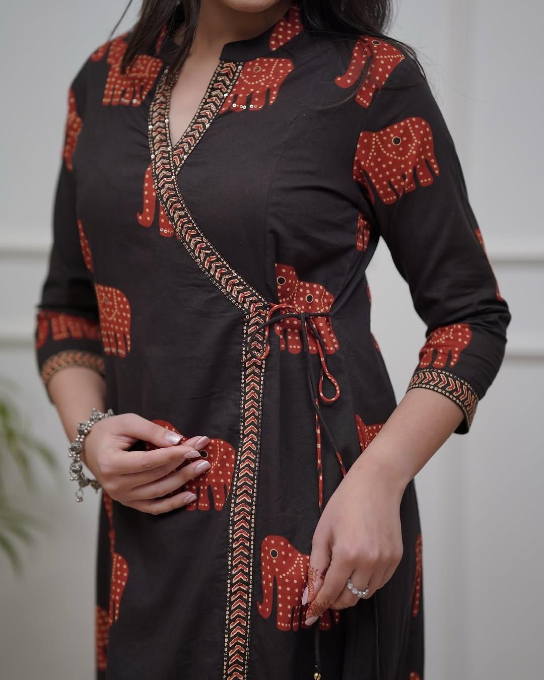 Women Black Cotton Elephant Motif Kurta Pant and Dupatta set