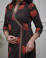 Women Black Cotton Elephant Motif Kurta Pant and Dupatta set