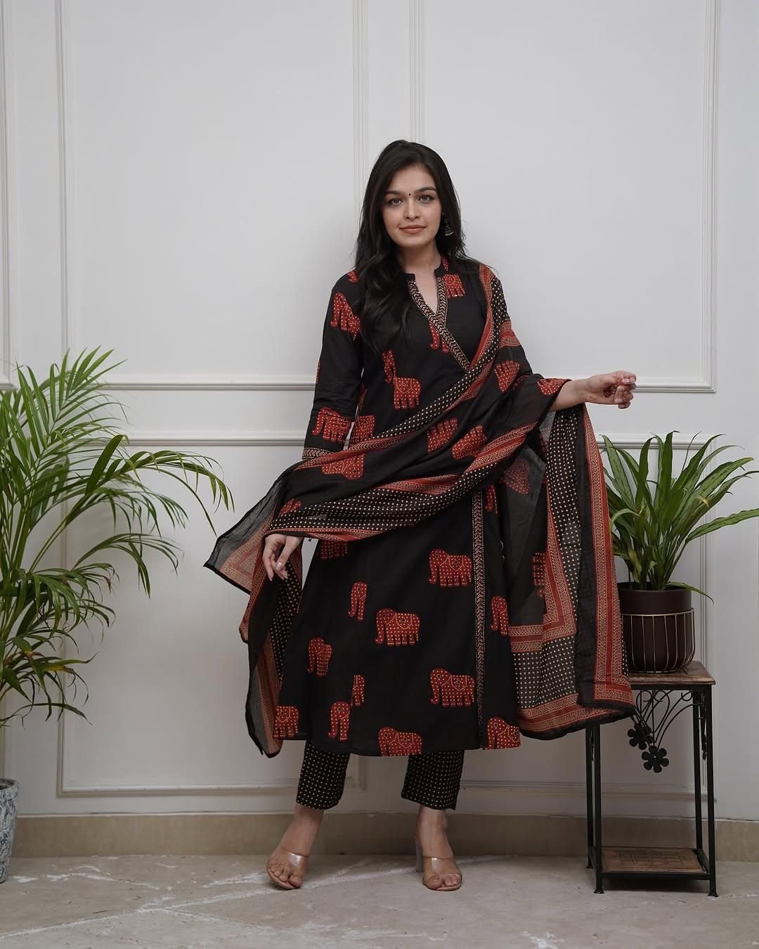 Women Black Cotton Elephant Motif Kurta Pant and Dupatta set