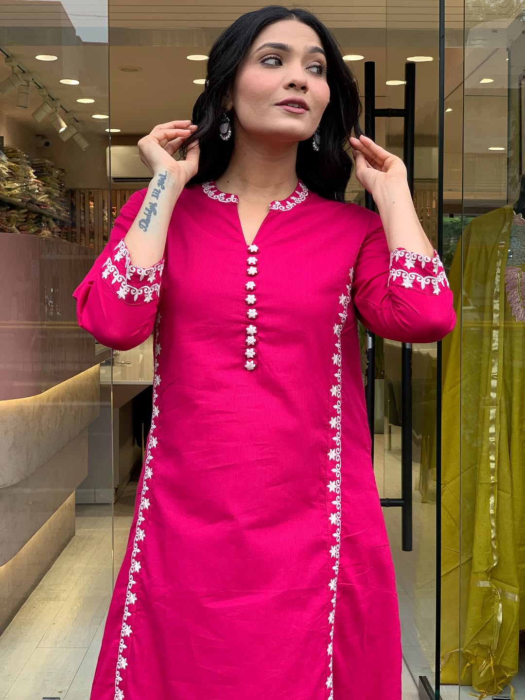 Women Pink Cotton Embroidery Buttons Kurta Pant and Dupatta set