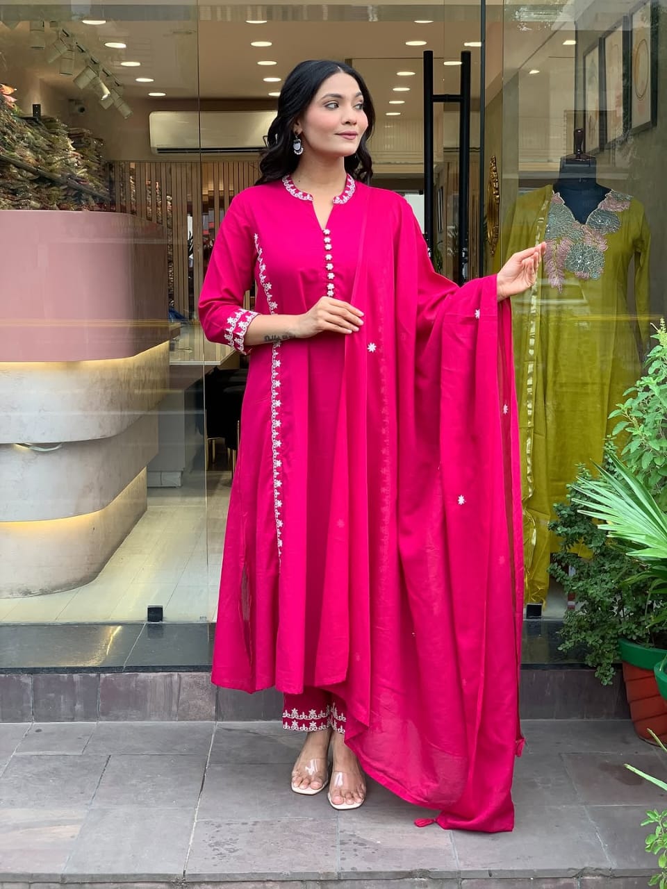 Women Pink Cotton Embroidery Buttons Kurta Pant and Dupatta set