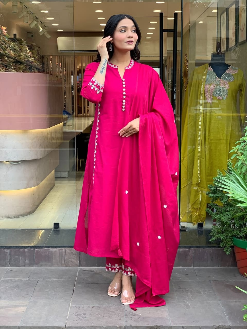 Women Pink Cotton Embroidery Buttons Kurta Pant and Dupatta set