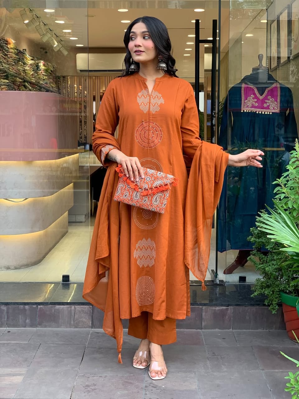 Women Orange Cotton Traditional design Kurta Pant and Dupatta set