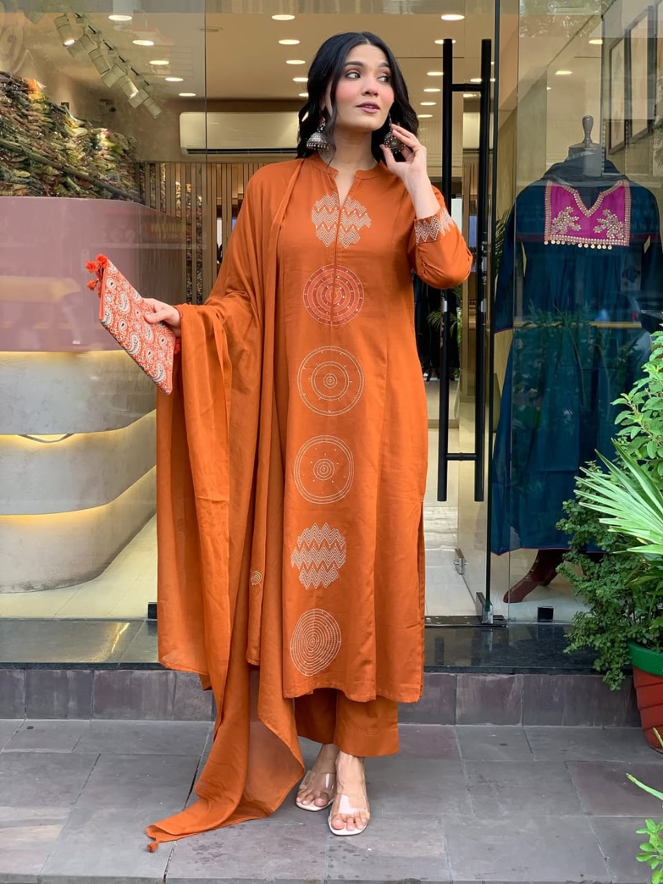 Women Orange Cotton Traditional design Kurta Pant and Dupatta set