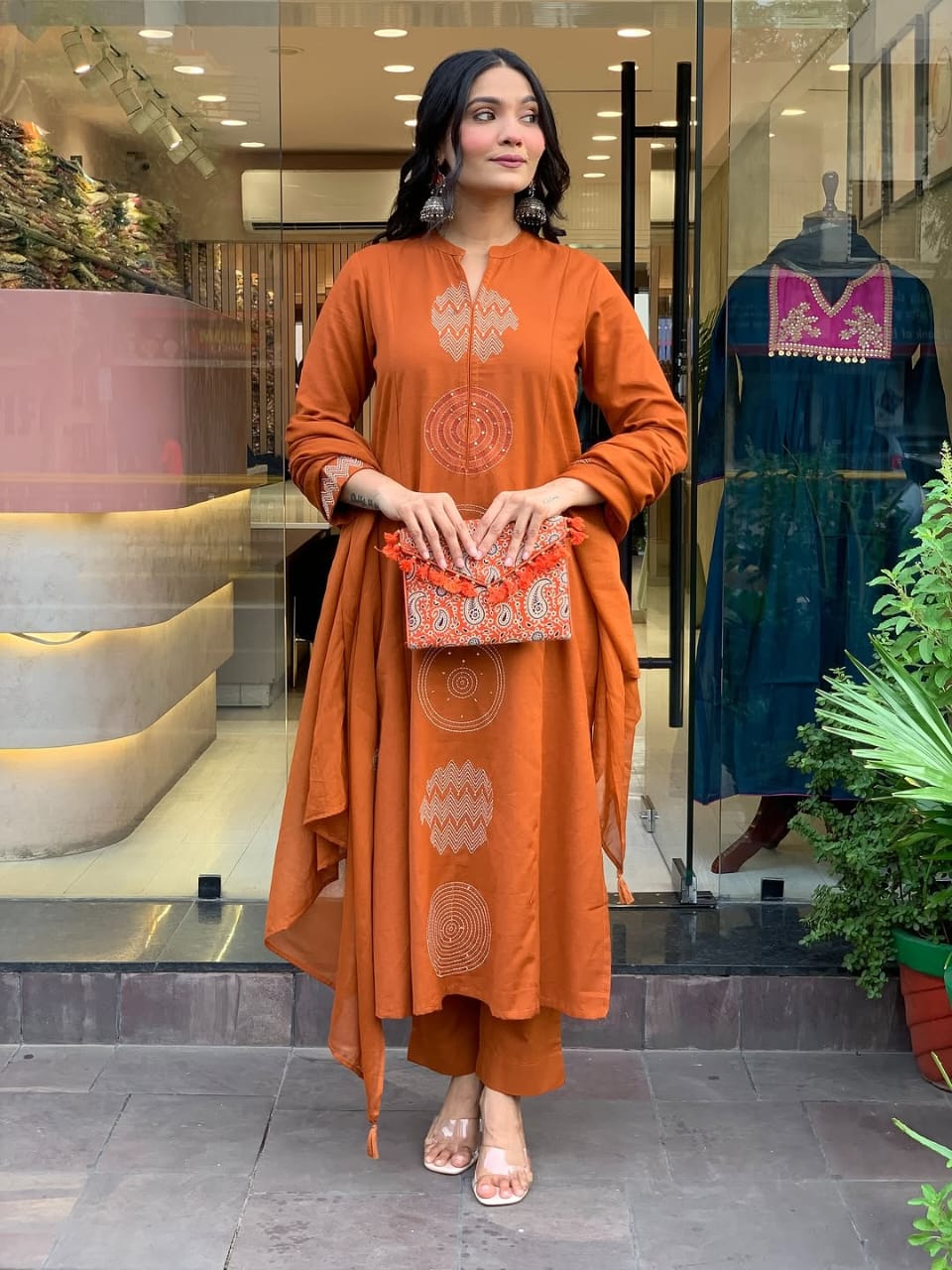 Women Orange Cotton Traditional design Kurta Pant and Dupatta set