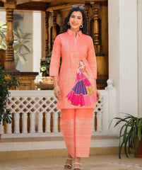 Women Peach Lilan Cotton Ghoomar Co-Ord set