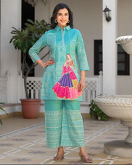 Women Blue Lilan Cotton Ghoomar Co-Ord set