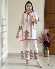 Women White Lilan Cotton Digital Print Co-Ord set