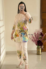 Women Cream Lilan Cotton Digital Print Flowers Co-Ord set