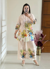 Women Cream Lilan Cotton Digital Print Flowers Co-Ord set