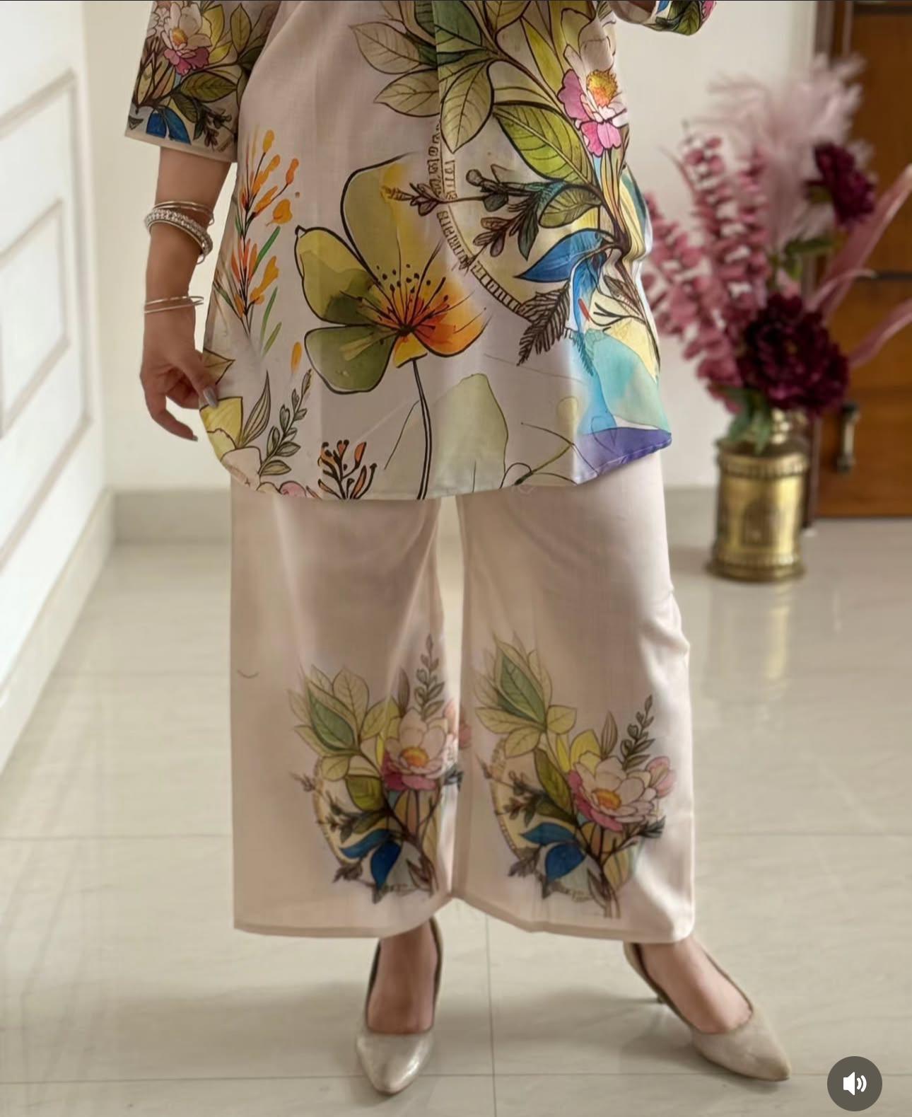 Women Cream Lilan Cotton Digital Print Flowers Co-Ord set